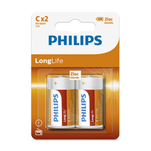 Philips Longlife Zinc C Batteries 1.5V 2 Pack