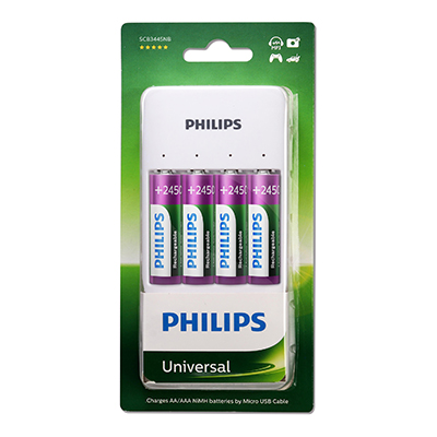***Philips Universal NiMh Charger & 4 AA Batteries - Charges AA
